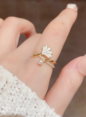 法式时尚轻奢微镶银杏叶开口戒网红个性小众设计感食指戒