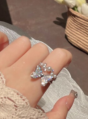 网红微镶超闪蝴蝶结戒指甜美小众设计感开口可调节指环