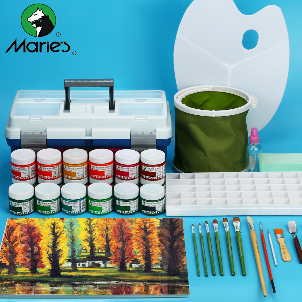 马利牌水粉颜料工具箱套装马力马丽牌初学者成人儿童小学生用美术专业罐装无毒绘画色彩画画用颜料24色36色