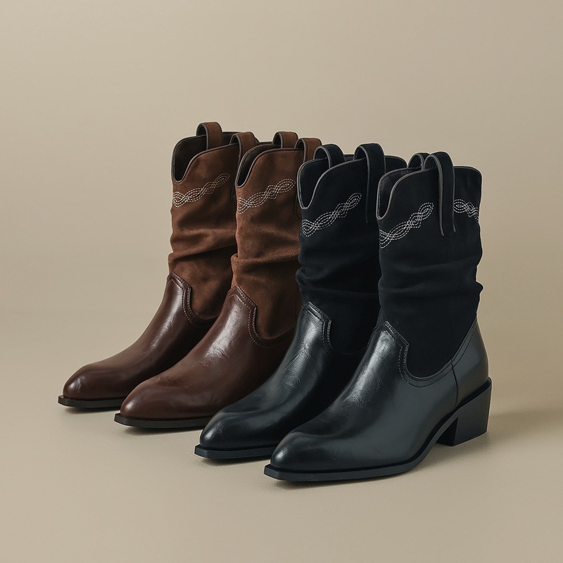 ZHR则则复古中筒西部牛仔短靴美拉德2025冬季新款粗跟高跟堆堆靴 - 图2