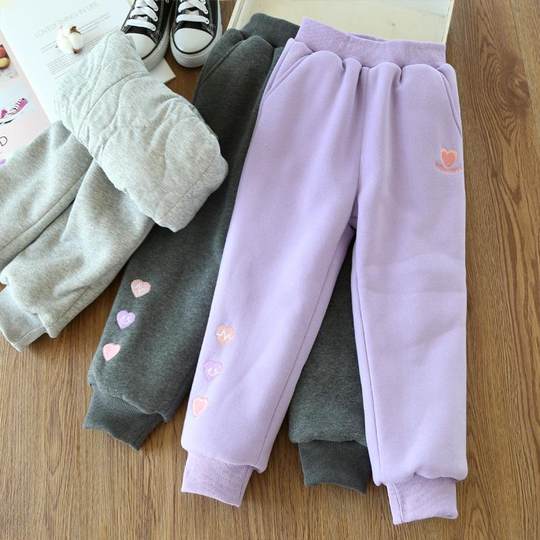 一条过冬 女童夹棉加厚保暖棉裤儿童宝宝三层刺绣束口运动裤冬装