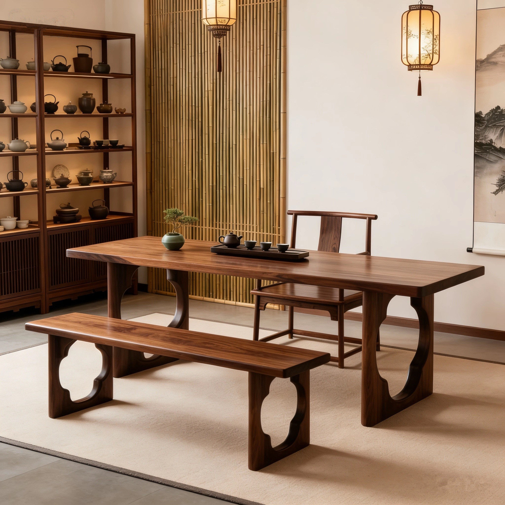 新中式宋代美学黑胡桃木茶桌办公室家用会所接待泡茶桌实木大板桌 - 图1