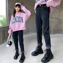 Girl Plus Suede Pants Spring Autumn 2023 New Season Childrens Jeans Straight Drum Large Child Black Winter Tide Soft Thick