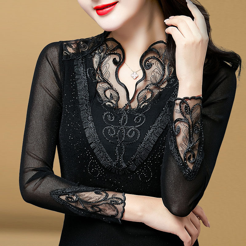 加绒加厚长袖2020新款网纱打底衫 花墙薇薇服饰T恤