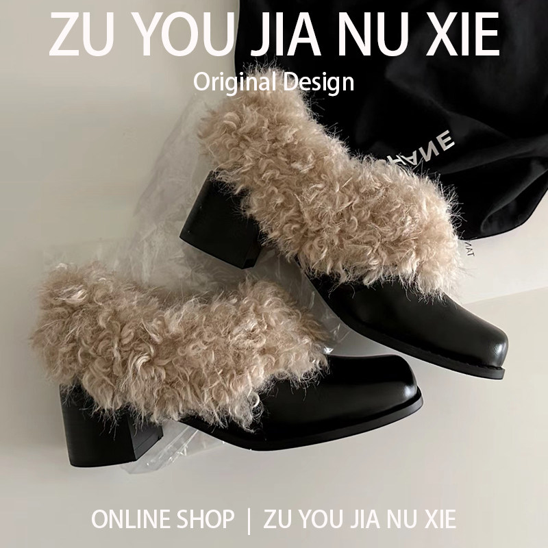 方头毛毛鞋女冬外穿加绒小皮鞋女英伦风粗跟单鞋大码女鞋41到43秋,淘宝优惠券,粉丝福利购,淘宝优惠卷