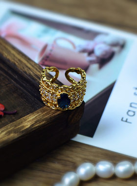 金色奢华女款装饰戒指优雅可调节大小开口戒高档蓝色镶钻指环礼物