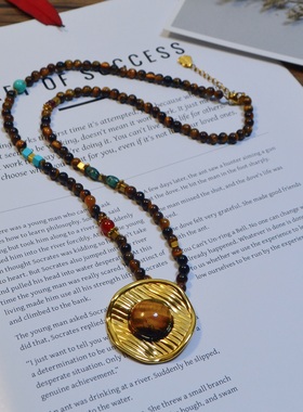 虎眼石吊坠项链秋短款秋冬新款美拉德气质款毛衣链高端配饰女款