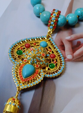 欧美风重工奢华项链流苏绿松石高档大吊坠毛衣链小小众设计感女款