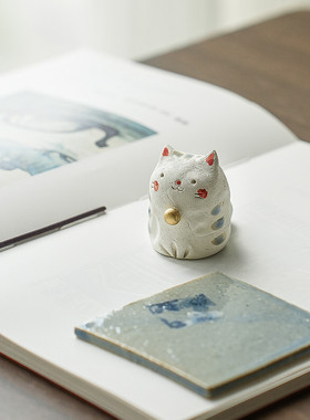 日本手作粗陶猫咪香立
