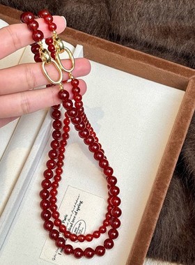 新中式红玛瑙玉石锁骨链气质网红金属扣毛衣链时尚红色本命年项链