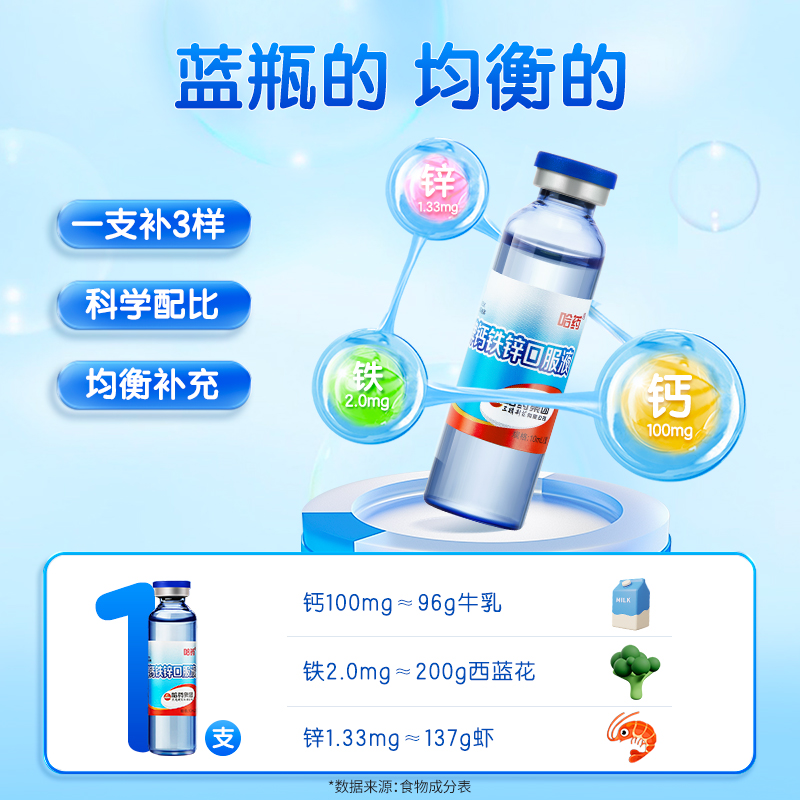 哈药牌钙铁锌口服液蓝瓶的三精葡萄糖酸钙儿童液体钙补钙补铁酸锌 - 图0