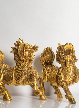 纯黄铜麒麟摆件特大号一对火麒麟招財送子中式家居求子客厅卧室