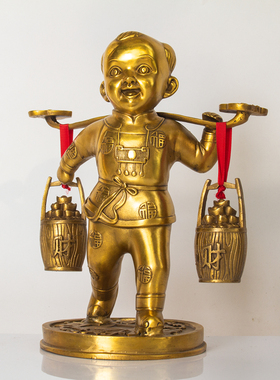 纯黄铜运财童子挑财送财童子善财家居风水装饰品室内客厅精工摆件