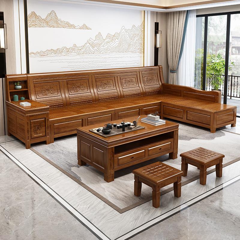 香樟木实木沙发组合中式仿古雕花客厅家具冬夏两用储物转角沙发 - 图2