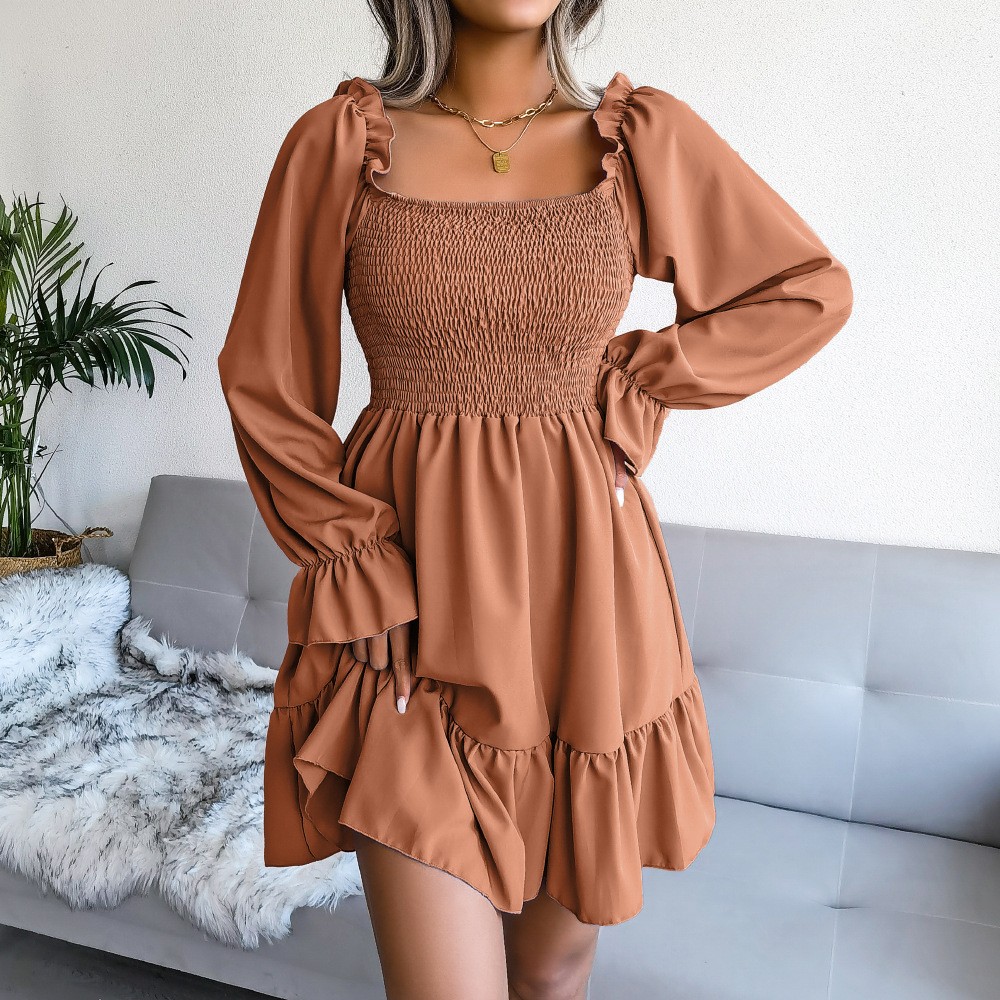 women dresses long sleeved swing skirt frock dress方领大摆裙 - 图2