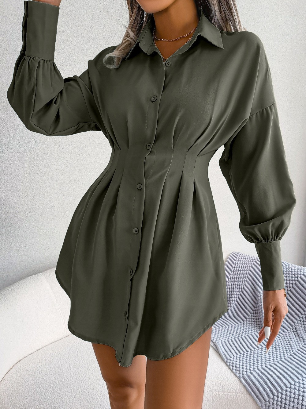 women shirt blouse dress 灯笼长袖收腰不对称连衣裙衬衫裙短裙