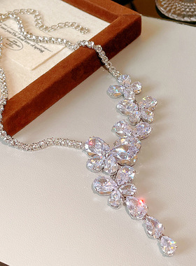 轻奢风蝴蝶花朵锆石水滴项链高级感礼服百搭锁骨链小众精致项饰女