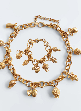 金色粗链子项链耳环套装