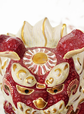 日本进口九谷烧狮子滚绣球摆件