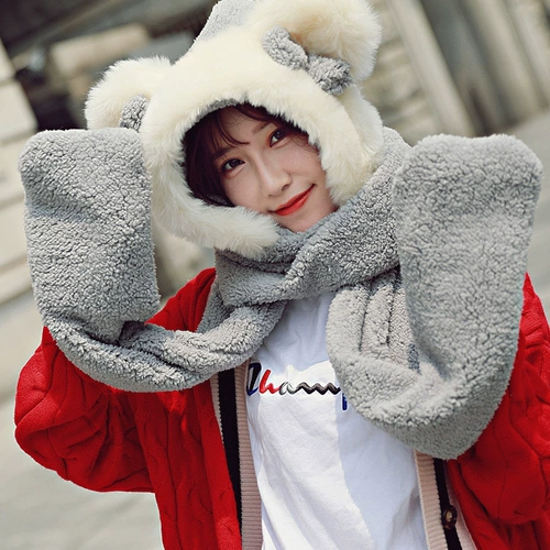 Милый бархатный шарф, шапка, зимние перчатки, удерживающий тепло комплект, популярно в интернете, плюшевый, 3 предмета