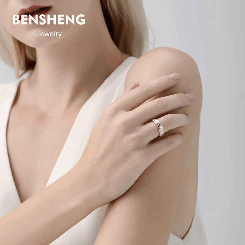 bensheng纯银冷珐琅樱花结婚对戒指 本笙戒指/指环