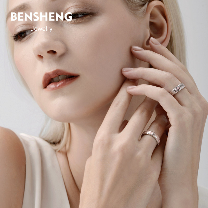 bensheng纯银冷珐琅樱花结婚对戒指 本笙戒指/指环