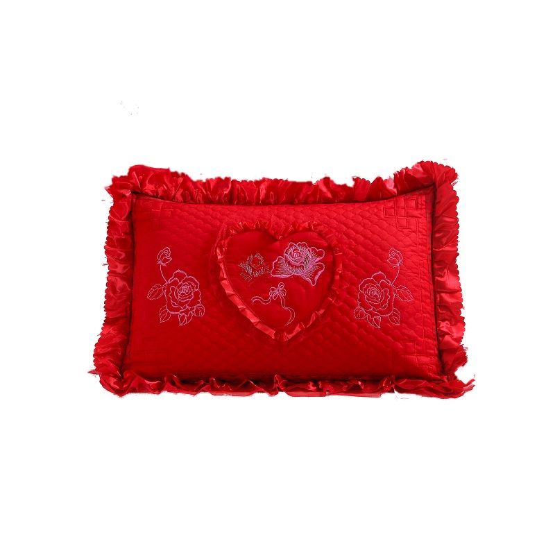 全棉纯棉加厚夹棉婚庆大红色枕套48 74cm蕾丝刺绣枕头套 一对装