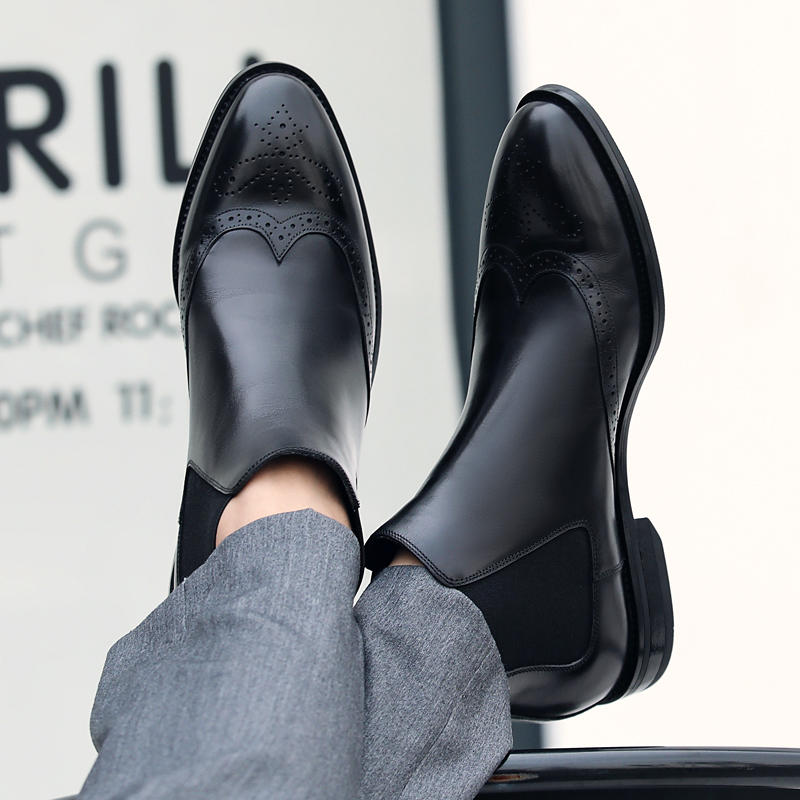 基情碎月旗舰店切尔西靴男英伦真皮高帮靴子尖头商务布洛克男靴雕花男士高腰皮鞋1