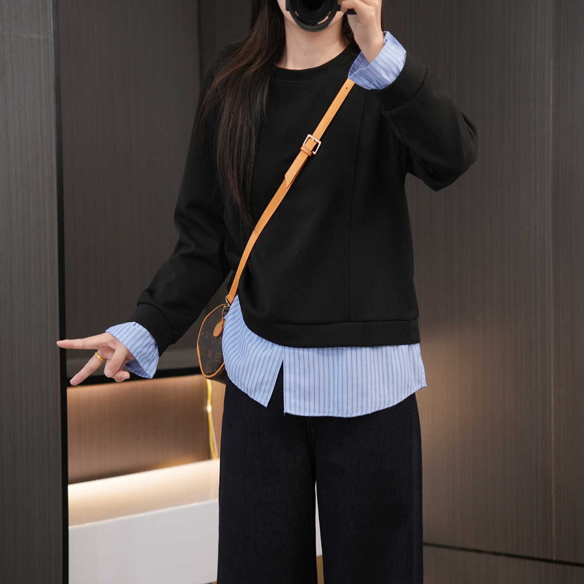 秋季大码女装设计感假两件卫衣 110-200斤胖妹妹圆领百搭显瘦上衣 - 图0