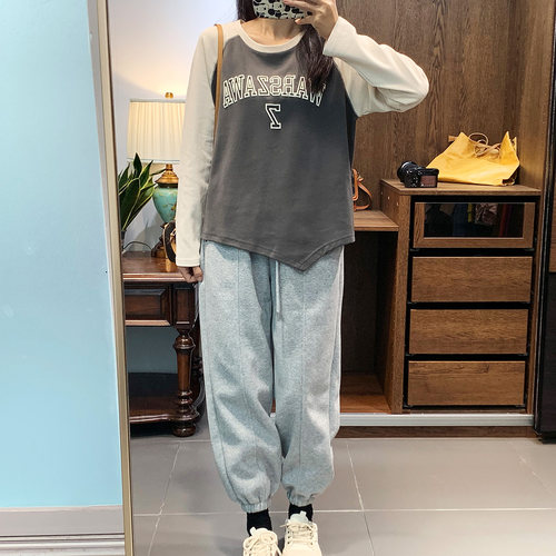 苹果型显瘦长袖T恤 胖mm秋大码圆领字母插肩女装时尚遮肚美式上衣 - 图1