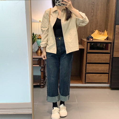 100-200斤翻边牛仔裤大码 胖mm秋季松紧高腰显瘦高弹力直筒烟管裤 - 图1