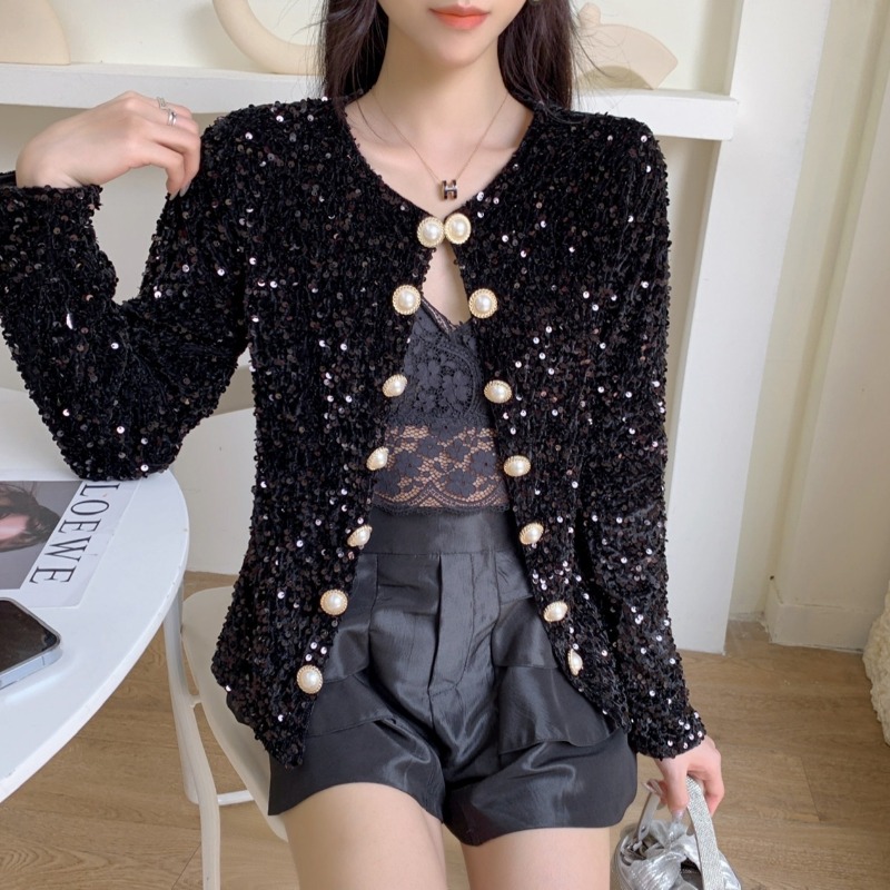 2025新款韩版重工闪闪亮片刺绣长袖修身气质开衫西装短外套女 - 图1