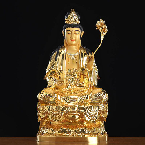 铜雕鎏金西方三圣佛像观音菩萨家用坐莲观音佛像阿弥陀佛坐像摆件 - 图0