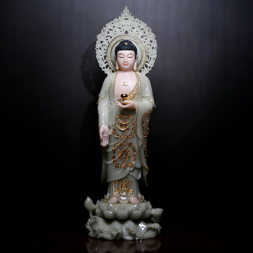 圆通佛具西方三圣汉白玉摆件翠玉阿弥陀佛观音菩萨佛像观世音站像 - 图1