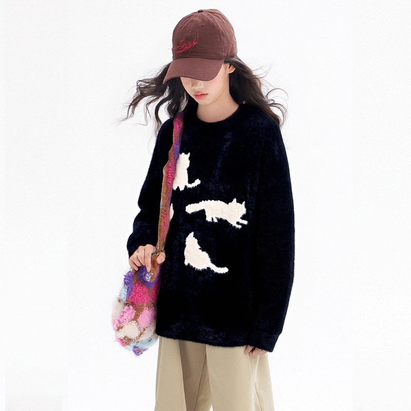 MSYJ 猫咪剪影毛衣女童秋冬宽松休闲圆领加厚软糯针织上衣 - 图1