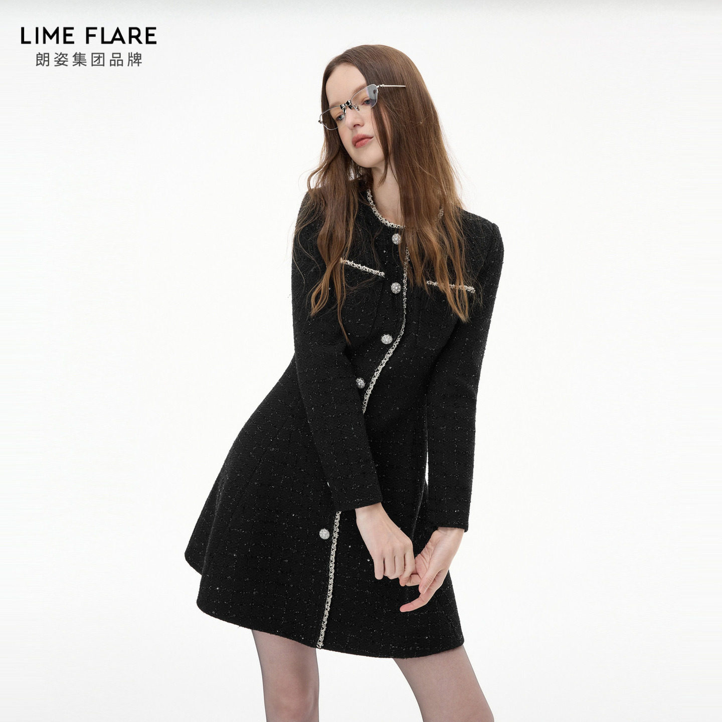 朗姿莱茵福莱尔璀璨星河粗花呢亮丝A摆收腰显瘦连衣裙女法式秋冬,淘宝优惠券,粉丝福利购,淘宝优惠卷