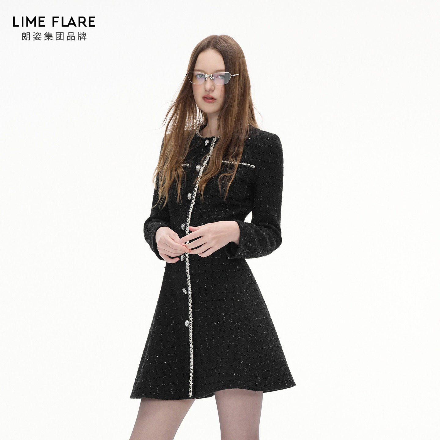 朗姿莱茵福莱尔璀璨星河粗花呢亮丝A摆收腰显瘦连衣裙女法式秋冬,淘宝优惠券,粉丝福利购,淘宝优惠卷