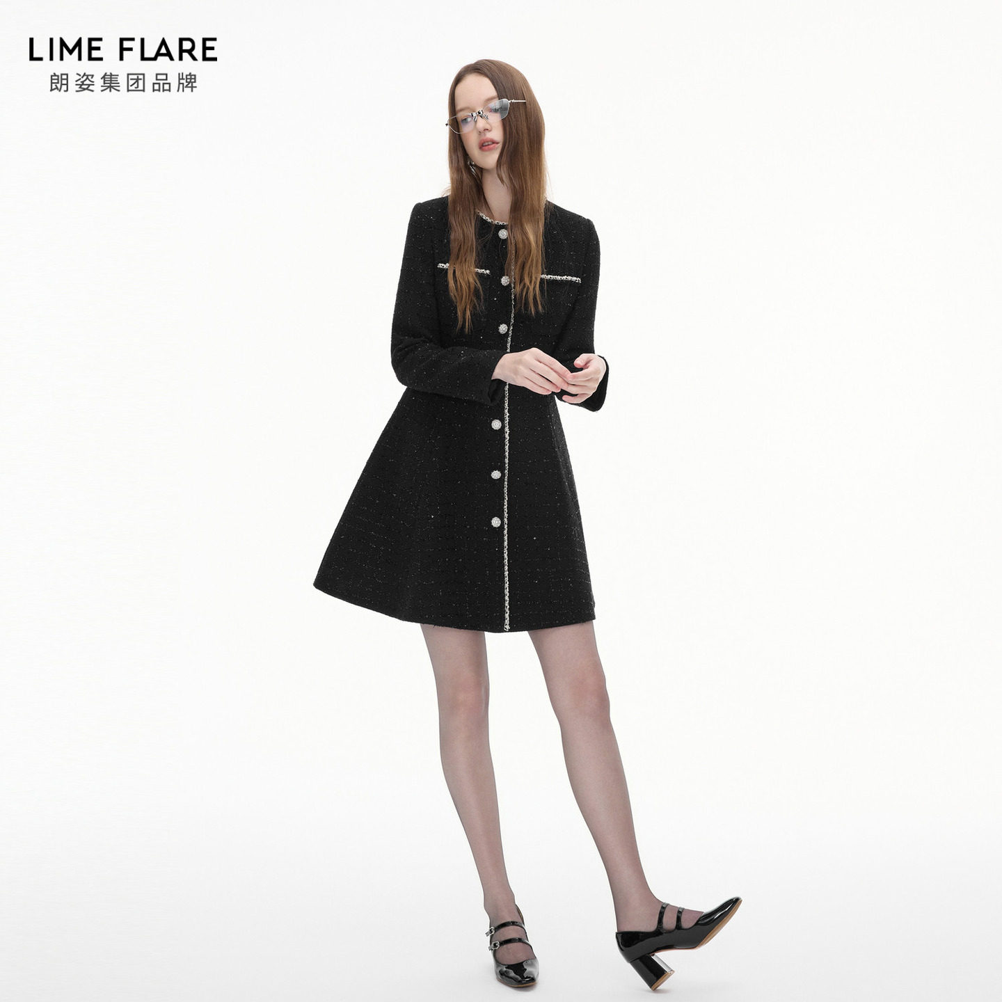 朗姿莱茵福莱尔璀璨星河粗花呢亮丝A摆收腰显瘦连衣裙女法式秋冬,淘宝优惠券,粉丝福利购,淘宝优惠卷