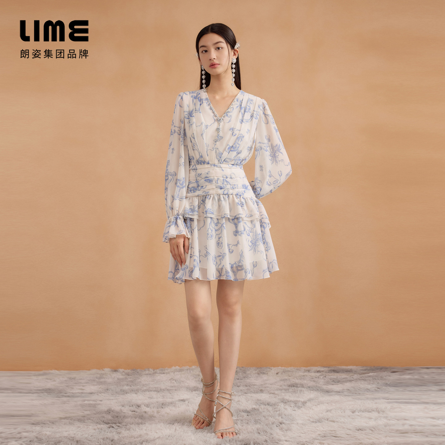 莱茵福莱尔连衣裙米白色优雅气质收腰减龄通勤25年秋季新款 - 图0