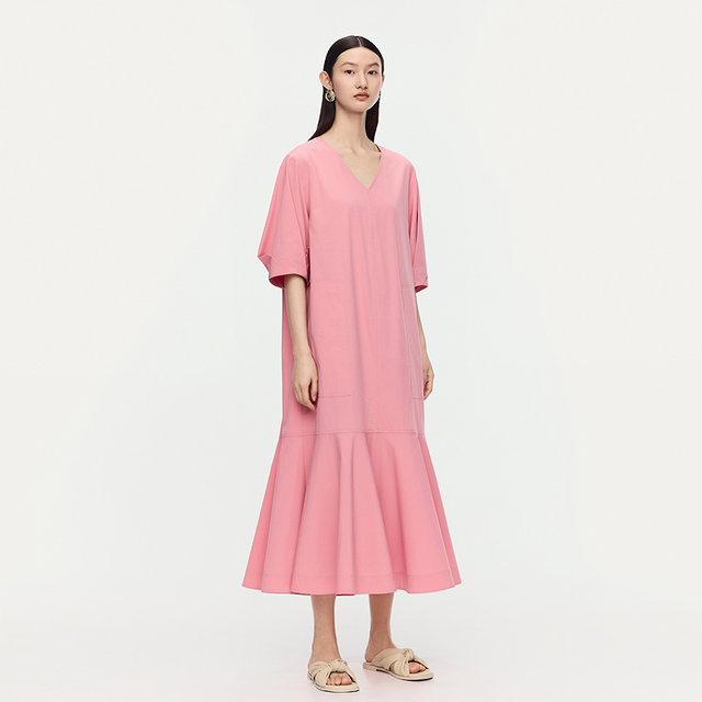 AUM 2025 summer new V-neck puff sleeve spliced ​​fishtail doll dress