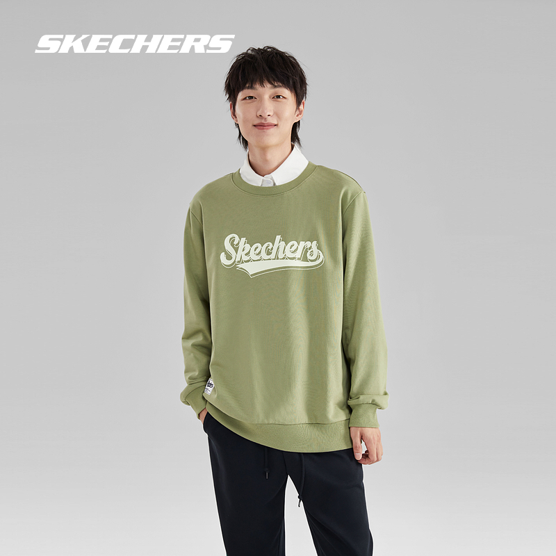 Skechers斯凯奇男女同款复古印花休闲运动卫衣套头百搭情侣上衣