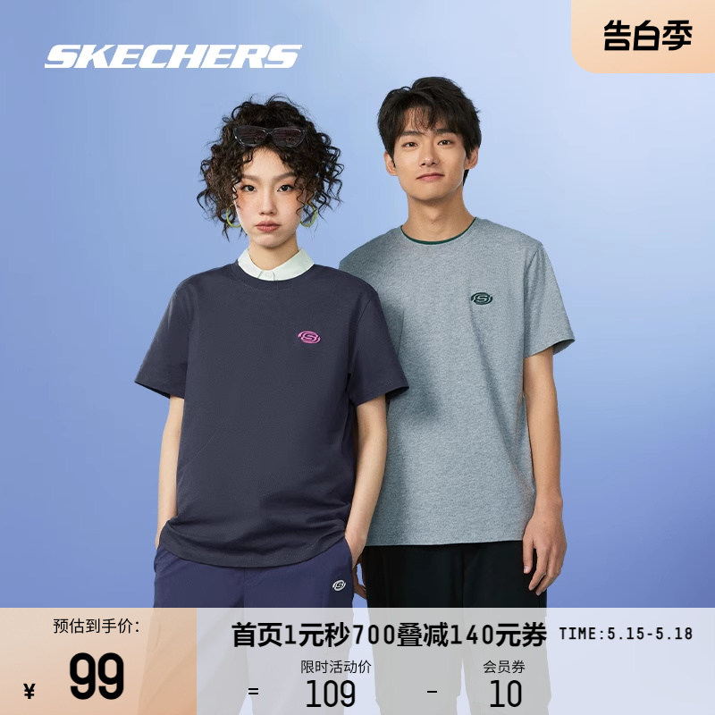 Skechers斯凯奇2024春男女款短袖T恤圆领时尚印花速干衣情侣上衣 - 图0