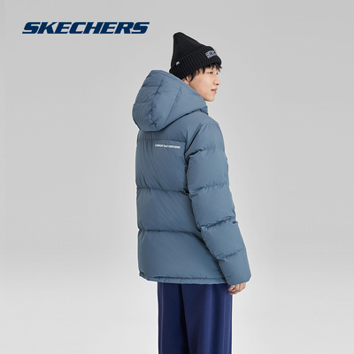 Skechers斯凯奇男羽绒服冬2023鸭绒防泼水防寒保暖中长款连帽外套