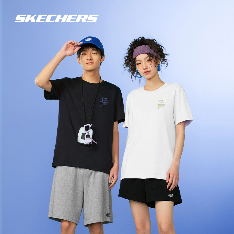 Skechers斯凯奇白色短袖短裤男女同款2024年新品情侣运动速干T恤