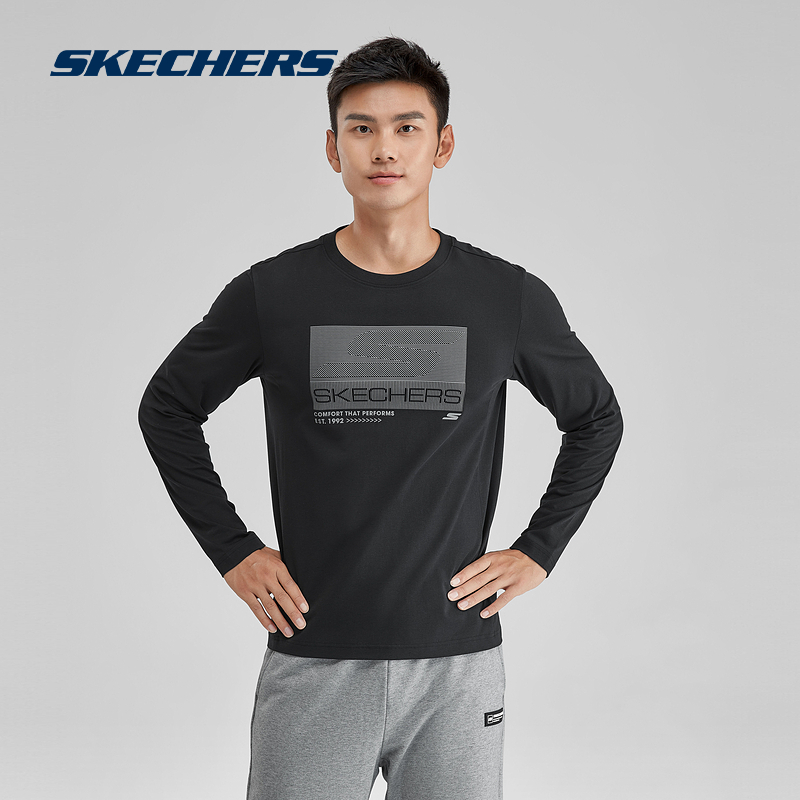 Skechers斯凯奇2024夏季新品男款经典简约针织长袖T恤衫圆领上衣