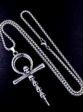 2026新款复古男士饰品不锈钢吊坠个性安卡骷髅十字架挂件钛钢项链