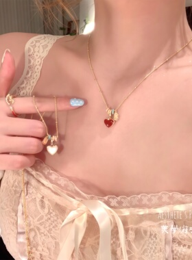 韩系甜美红滴釉爱心吊坠锁骨链