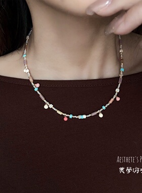 时尚彩色滴油圆球串珠锁骨链