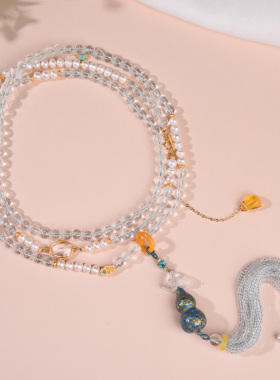 摩登晶石白水晶斜挎女切面搭珍珠