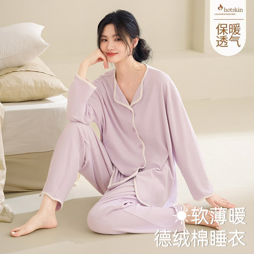 秋冬季德绒睡衣女款2025新款冬天加厚磨毛薄绒保暖女士家居服套装 - 图0